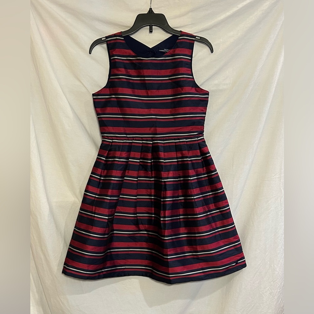 Nautica Girls Size 12 Red Blue Striped Taffeta Sleeveless Dress Party Holiday